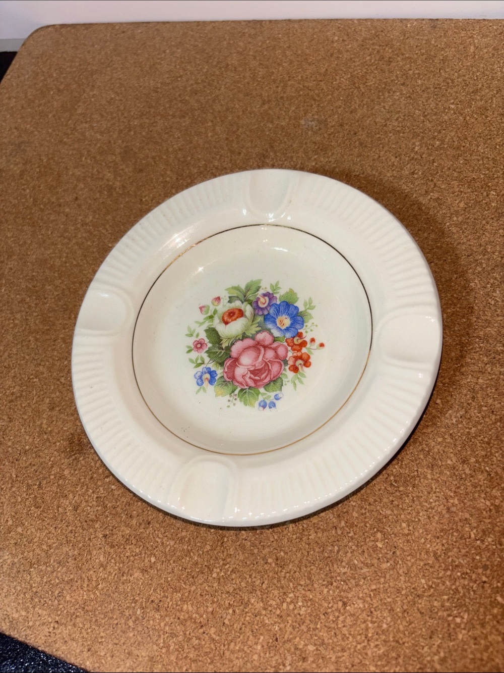Cream Floral Ceramic Ashtray with Pink Rose Motif
